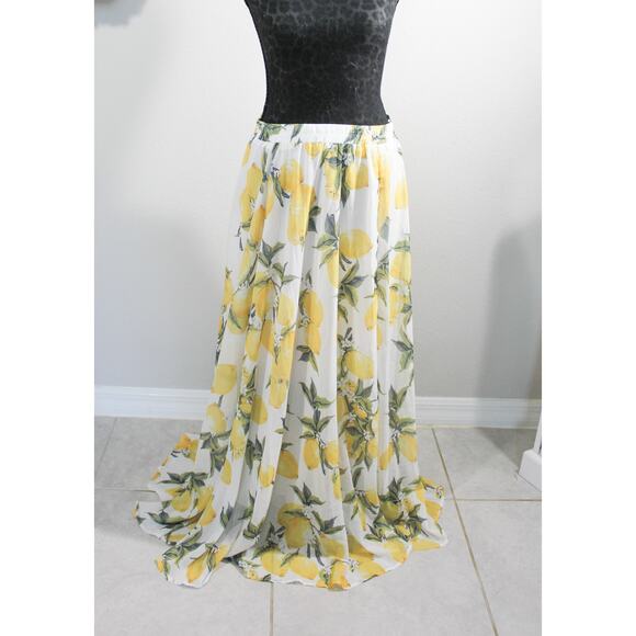 New One Size M-XL Lemon Print Maxi Skirt Elastic Waist Boho Summer Flowy Beach - Picture 3 of 3